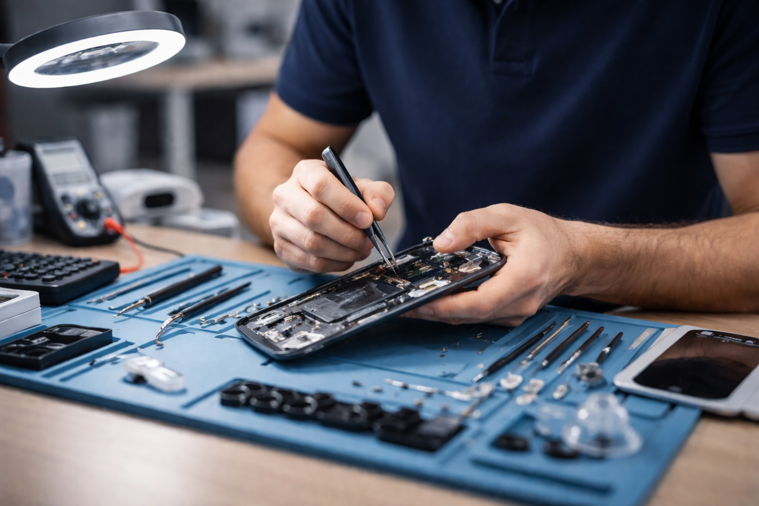 Profesionalna popravka telefona - tehničar radi na uređaju